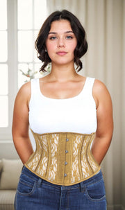 Plus Size Waist Trainer Gold Mesh with Lace Waspie Corset