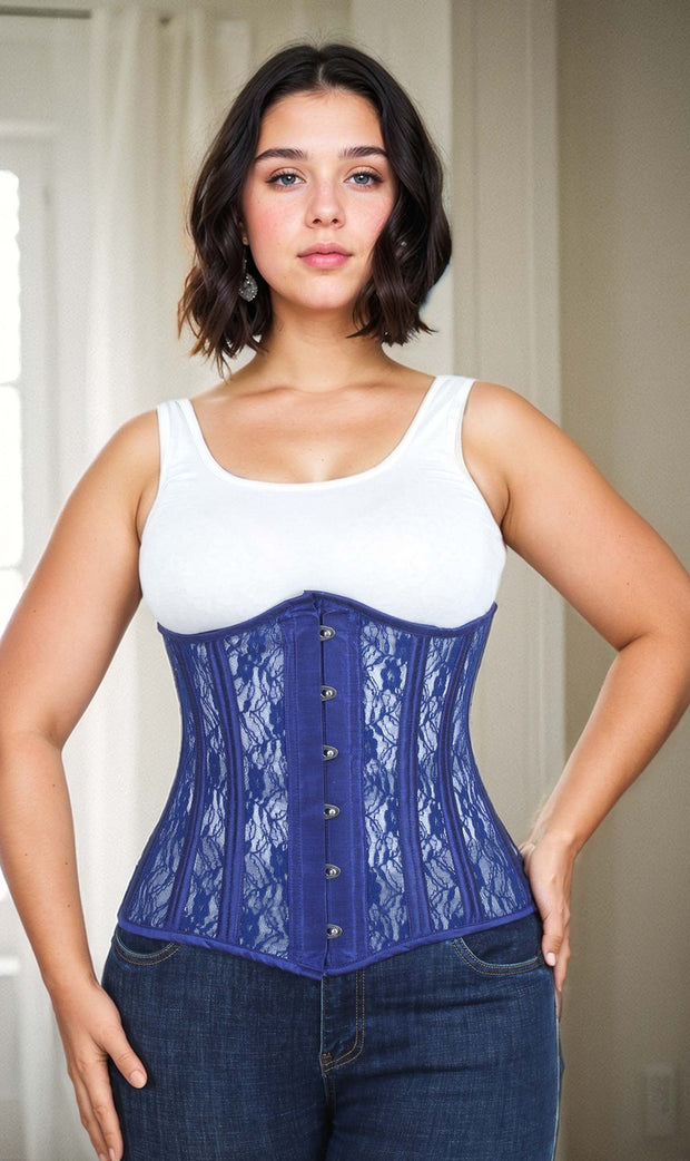 Plus Size Blue Mesh with Lace Long Underbust Corset