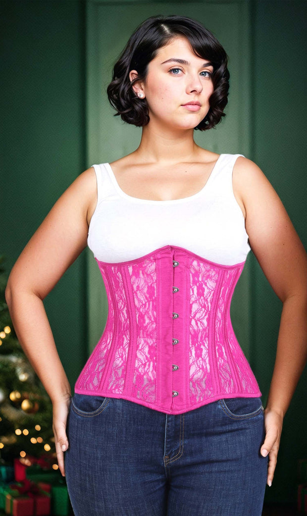 Underbust Custom Made Fuchsia Mesh with Lace Long Corset