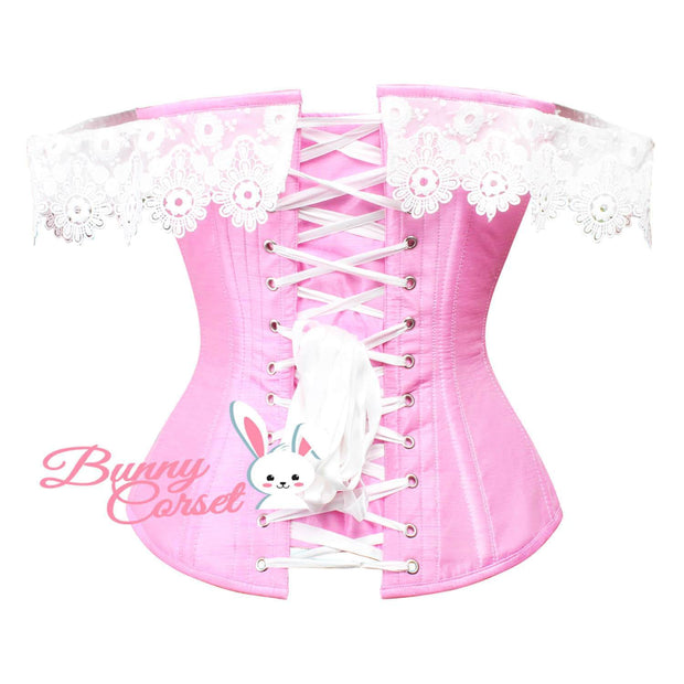 Pink Corset, Overbust Corset, Corset With Lace Cold Shoulder