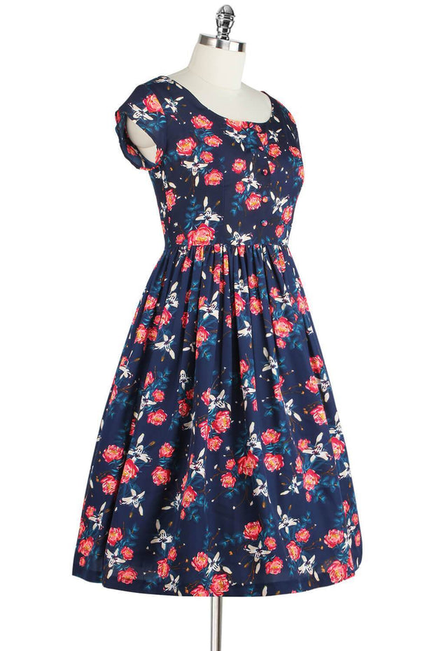 Elyzza London 1950s Blue & Carnation Floral Print Flare Dress