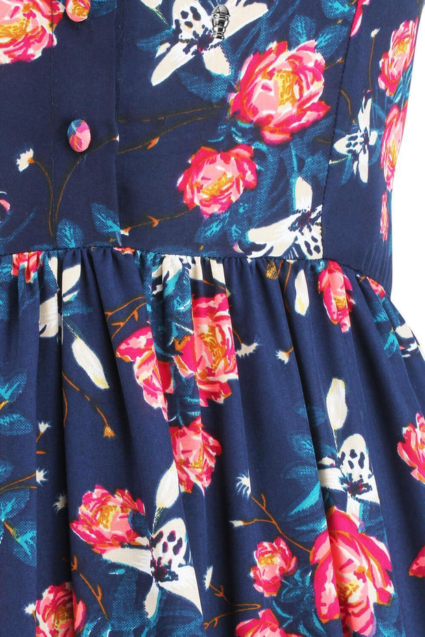 Elyzza London 1950s Blue & Carnation Floral Print Flare Dress