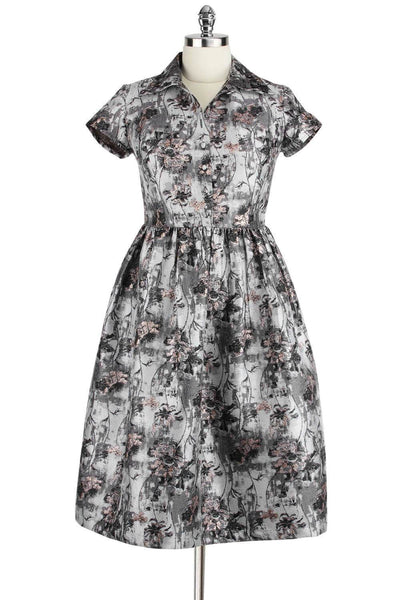 Elyzza London 1950s Jacquard Collar Gathered Flare Dress