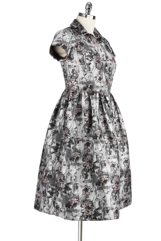 Elyzza London 1950s Jacquard Collar Gathered Flare Dress