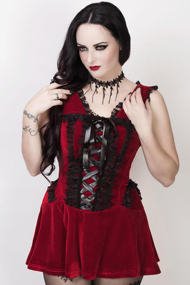 Faigel Halter Burlesque Dress in Maroon Velvet