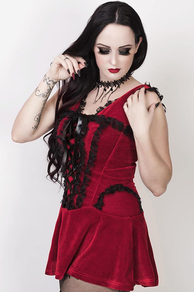 Faigel Halter Burlesque Dress in Maroon Velvet