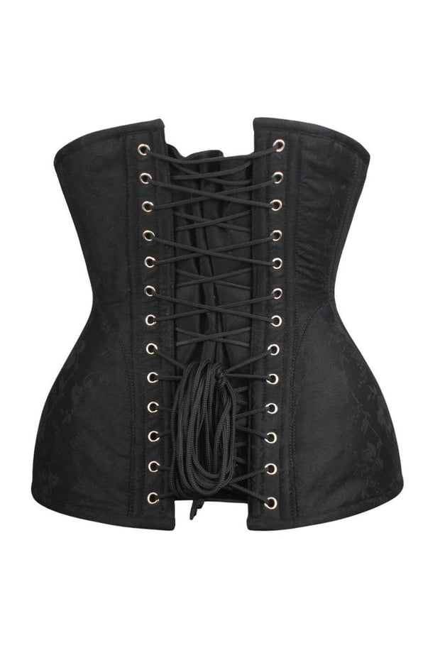 Catus Custom Made Waist Training Black Brocade Corset with Hip Panels