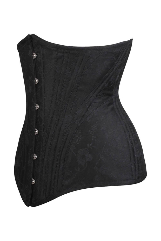 Catus Custom Made Waist Training Black Brocade Corset with Hip Panels