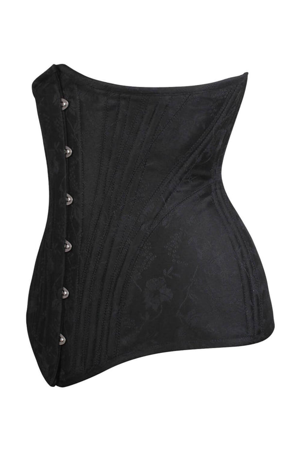 Catus Waist Training Black Brocade Corset with Hip Panels